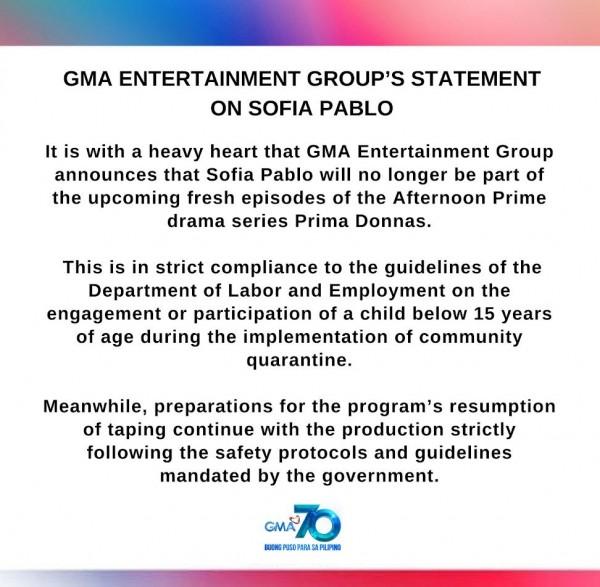 GMA Entertainment Group statement on Sofia Pablo