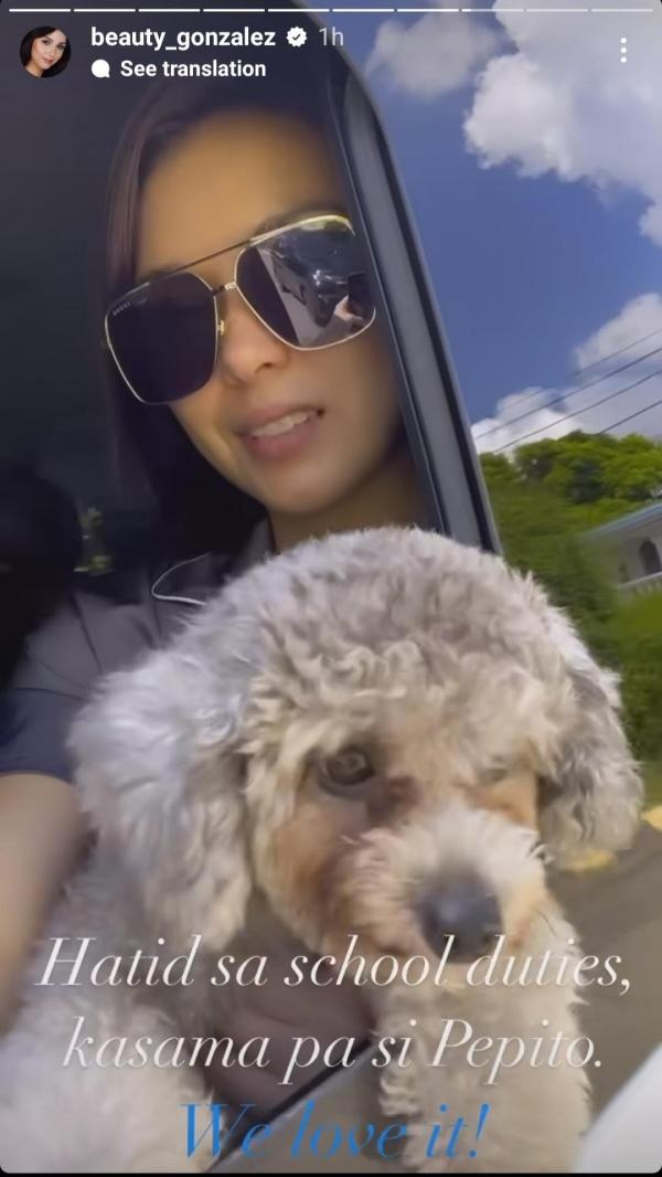 Beauty Gonzalez accompanied her child Olivia on the way to school with their pet dog Pepito