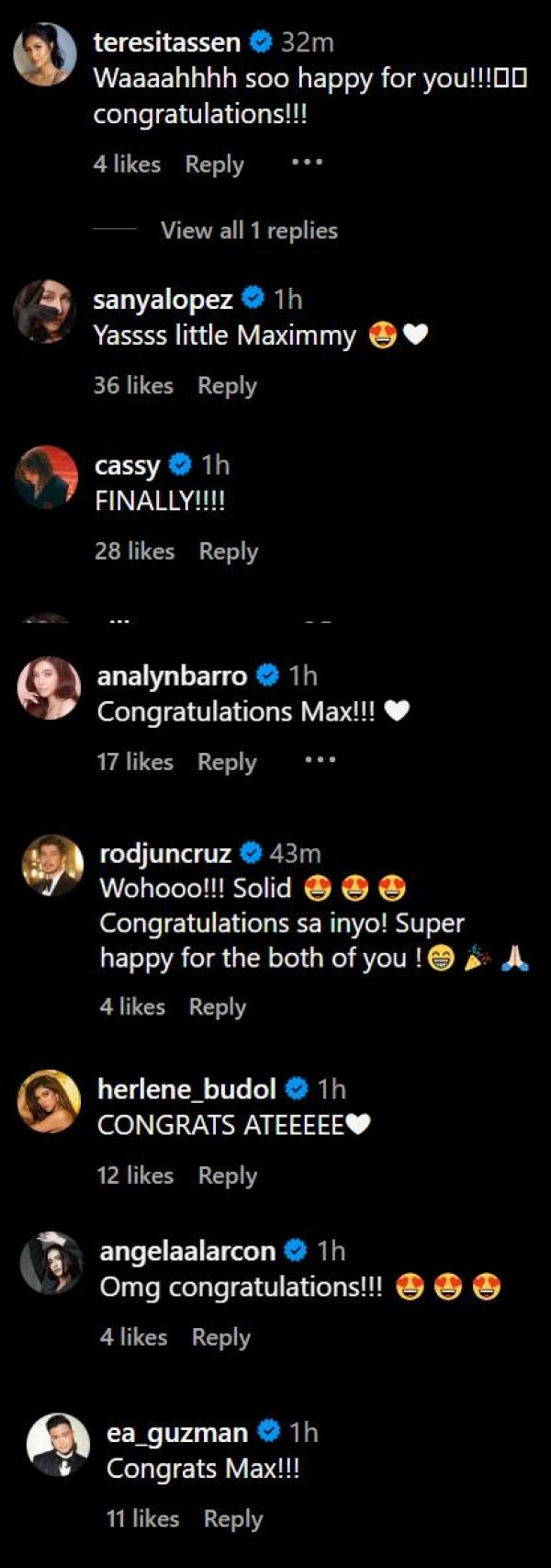 Kapuso stars comments on Maxine Medina s post