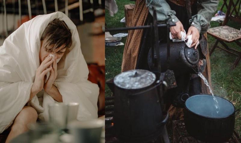 sick man and hot water from kettle