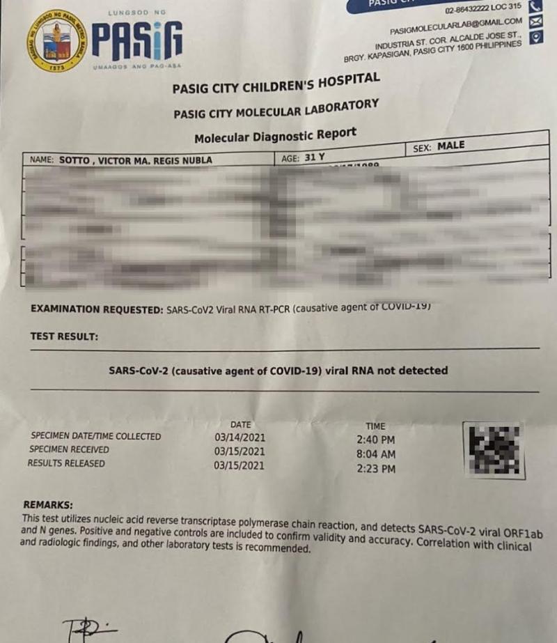 Resulta ng PCR test ni Mayor Vivo Sotto