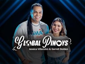 Global Pinoys cover art; Garrett Bolden and Jessica Villarubin wearing Global Pinoys T-shirt